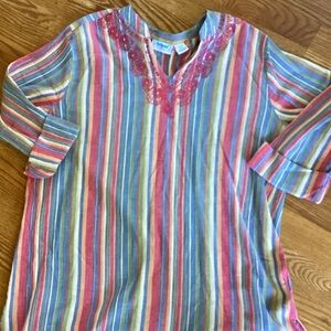 ' Multi-Stripe Long-Sleeve Tunic Top with Pink embroidery
